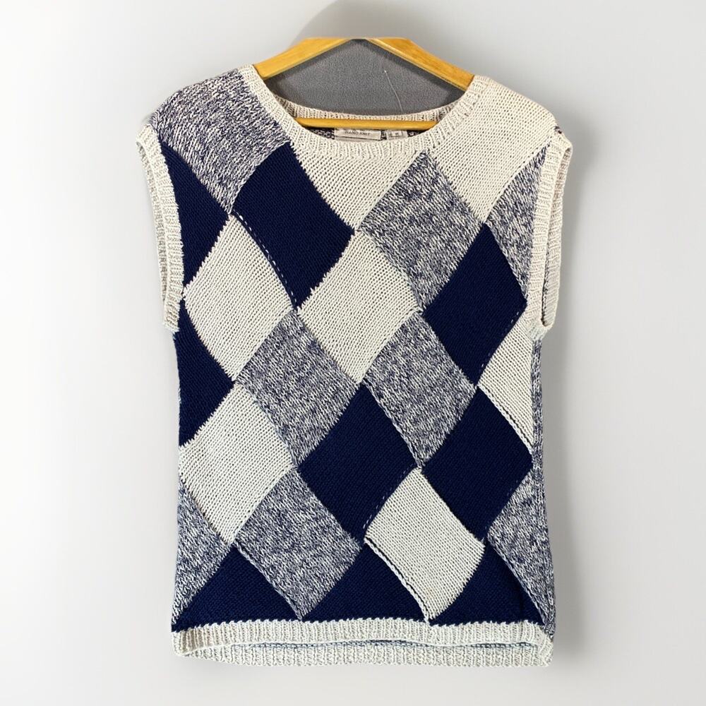 VTG Evan Picone Argyle Sweater Vest Medium Hand Knit Blue Cotton Prep Academia